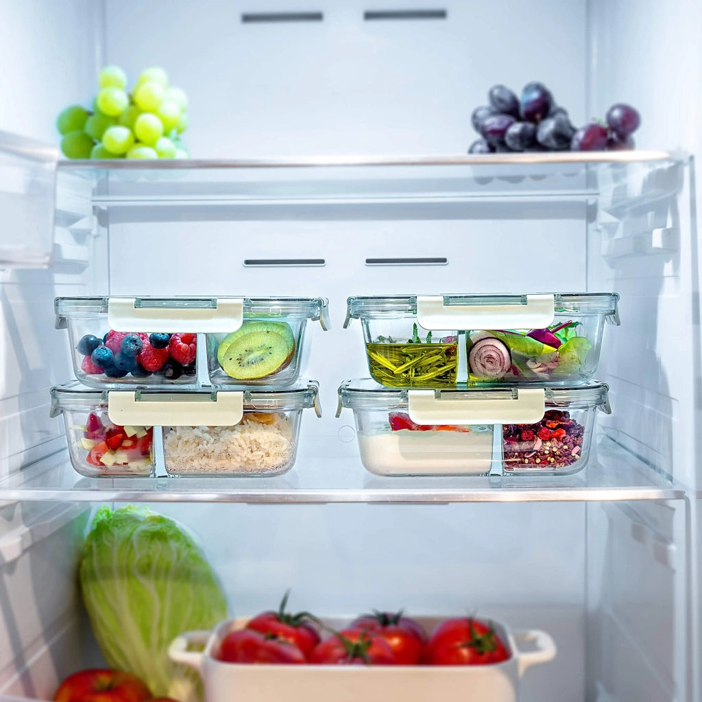 Set di 4 contenitori per alimenti in vetro KADAX da 1 litro con divisori, ideali per il pranzo.
