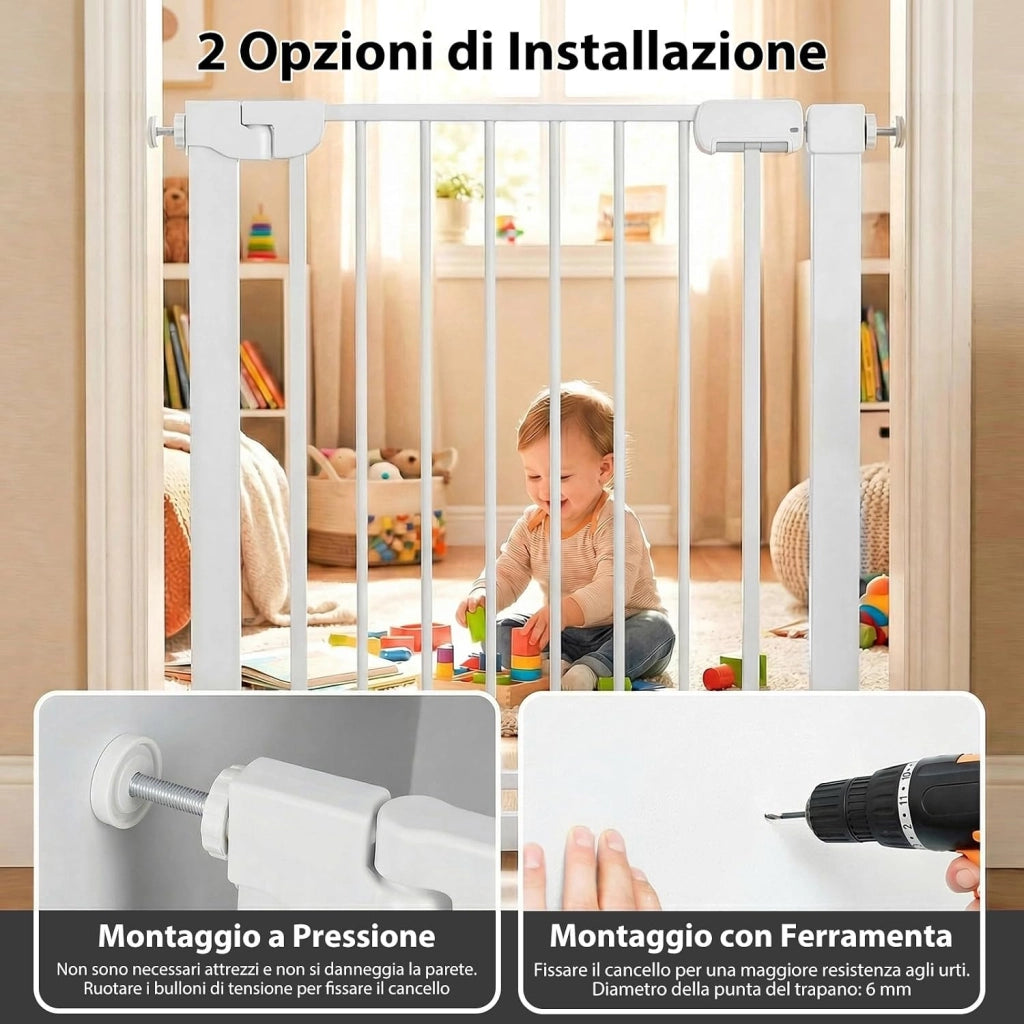 Cancelletto di Sicurezza per Bambini, con Sistema di Chiusura Automatica, Recinto Sicurezza Neonati Animali Domestici, per Porte 75-82 cm (Bianco)