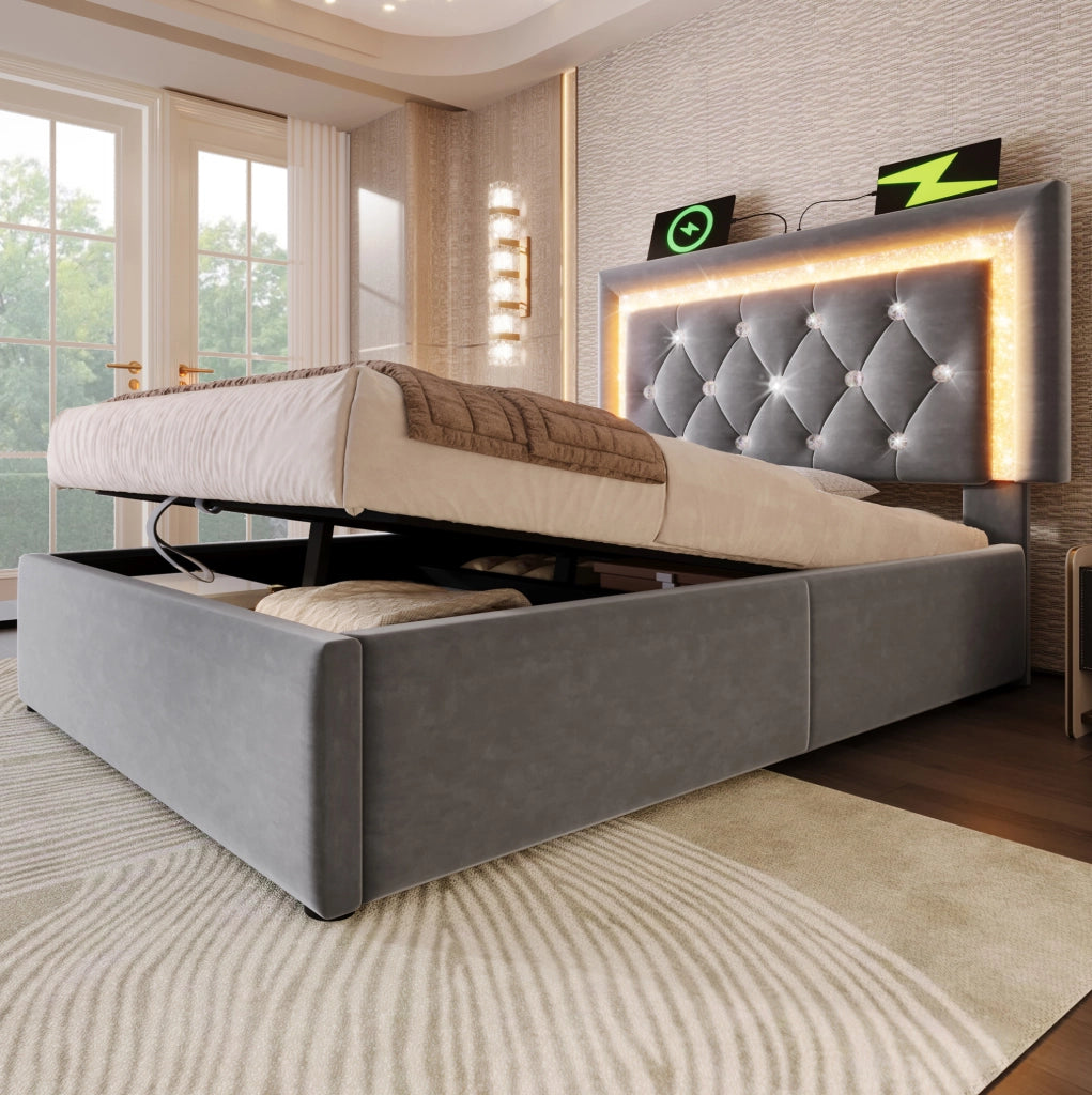 Letto imbottito ULEVR 90x200 cm con materasso, contenitore idraulico, LED, USB e Type-C, velluto grigio