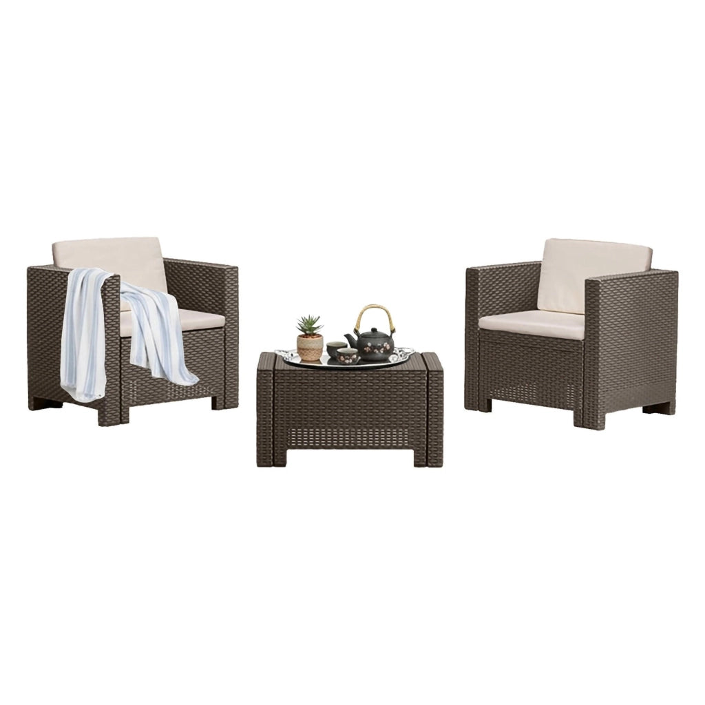 Set salotto da esterno Camini, Salottino outdoor, Set da balcone o giardino, Composizione soggiorno per esterni, Made in Italy, Marrone