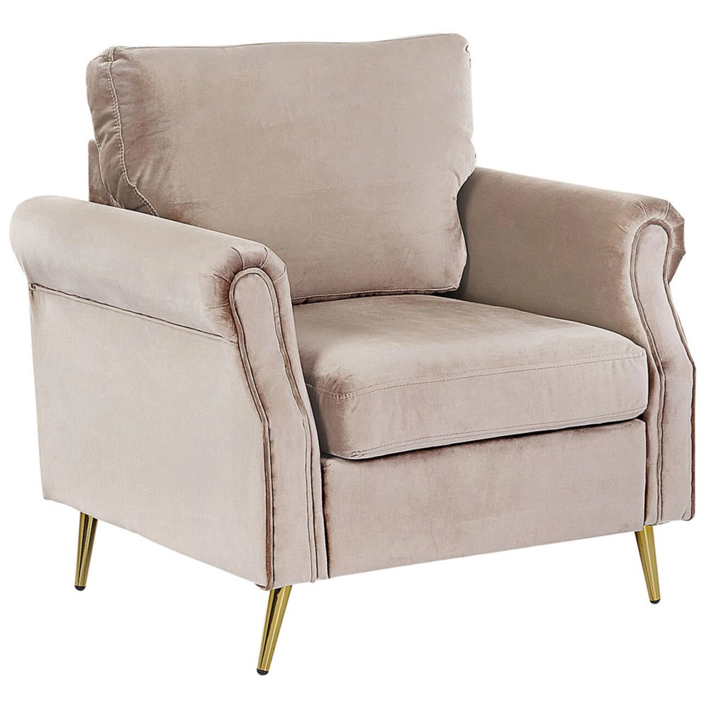 Poltrona Taupe Tessuto Velluto Rivestimento Gambe In Metallo dorato Cuscini Seduta E Schienale Sfoderabili Stile Retrò Glam