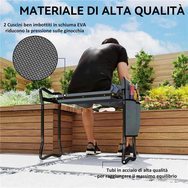 SEDIA INGINOCCHIATOIO 2 IN 1 IN ACCIAIO CON BORSA PORTAOGGETTI E CUSCINO IN EVA, 58X28X49 CM, GRIGIO E NERO