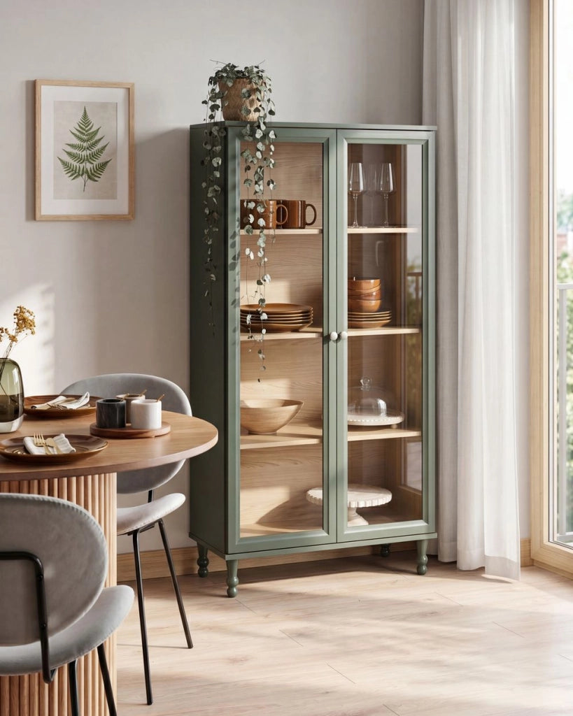 Mobile decorativo 80 cm verde con legno chiaro in legno ingegnerizzato con display in vetro Classico scandinavo a ripiani alti Sala da pranzo Soggiorno