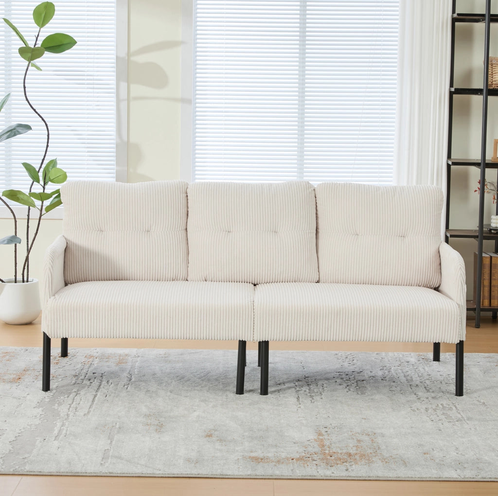 Divano tre posti beige in velluto a coste con schienale ergonomico e tasca laterale capiente