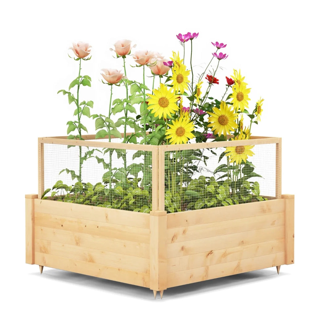 Fioriera in legno per orto da esterno 107 x 107 x 80 cm per proteggere le tue piante con ripiano e recinzione in abete naturale 20_0019393