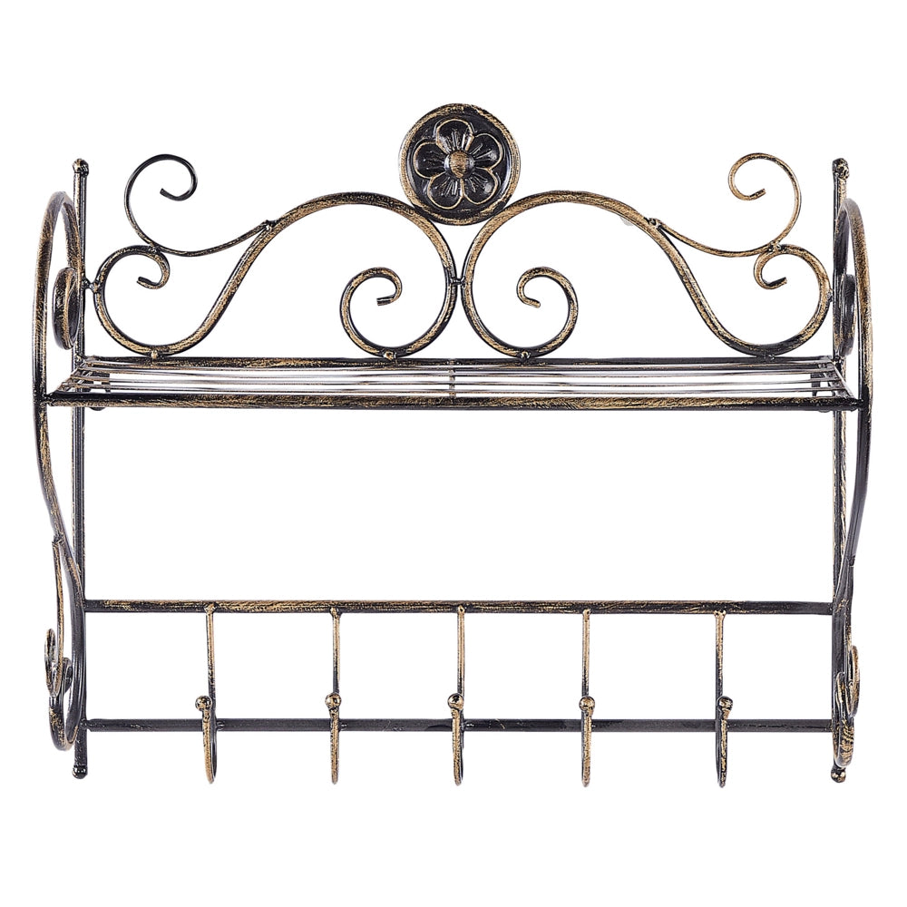 Mensola da parete per bagno in metallo nero 42 x 47 cm Ripiano singolo sospeso con ganci effetto anticato in stile vintage