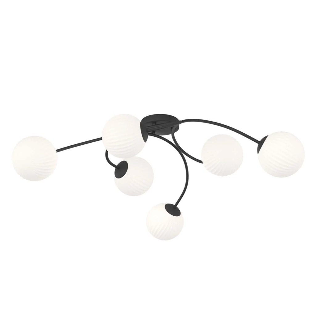Plafoniera 6 Luci Loki In Acciaio Nero E Vetro Rigato A Sfera Bianco