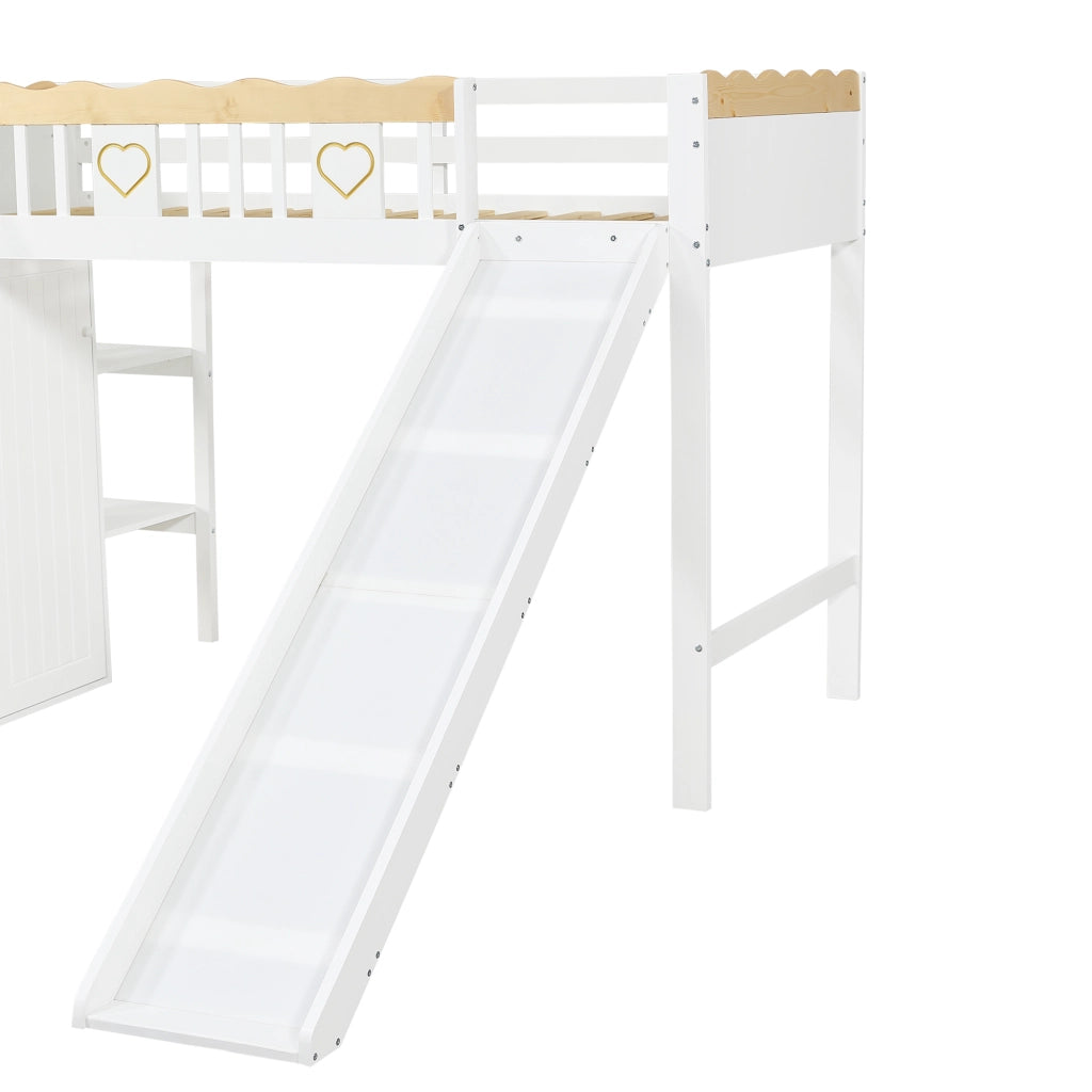 LETTO A CASTELLO ALTO con scivolo, armadio, 90x200 cm, bianco/naturale