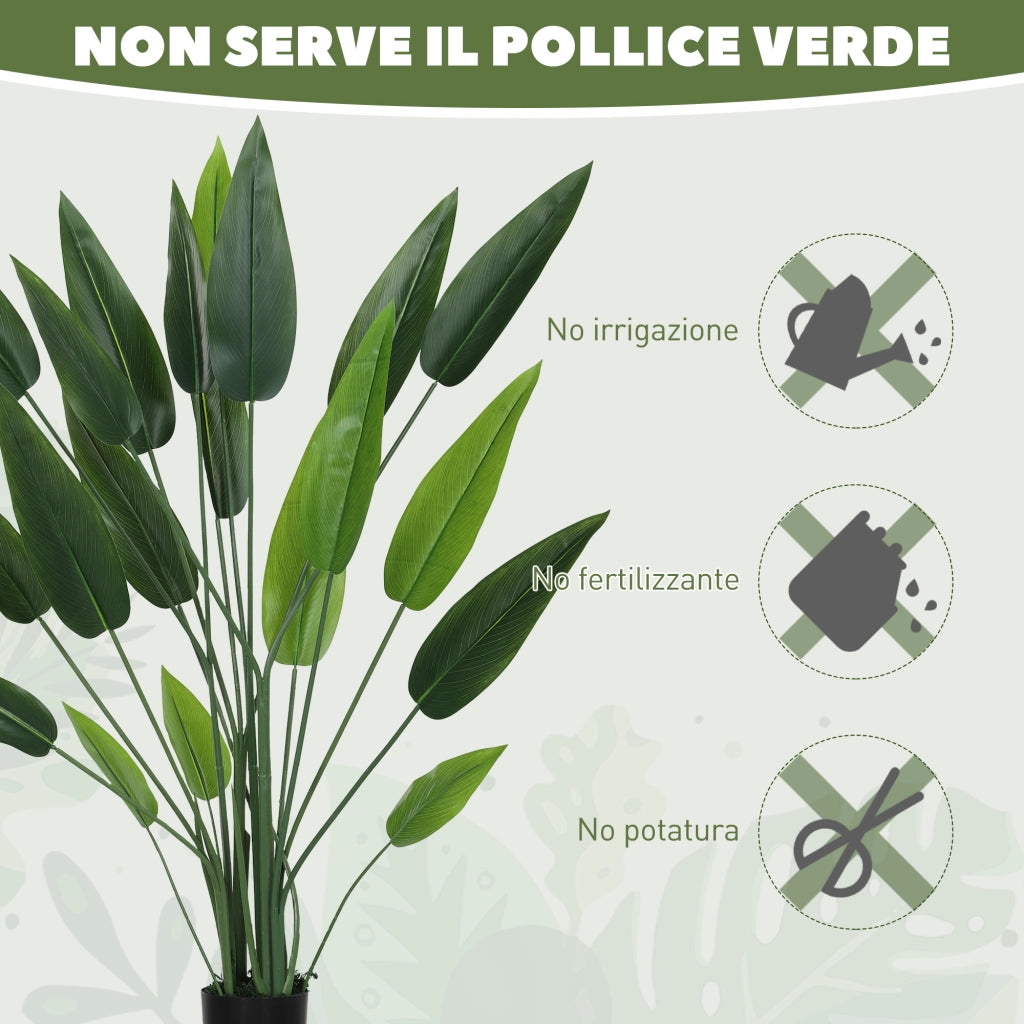 Pianta Artificiale Verde di Uccello del Paradiso da 20 Foglie di 140 cm con Vaso, in PE, PEVA e PP