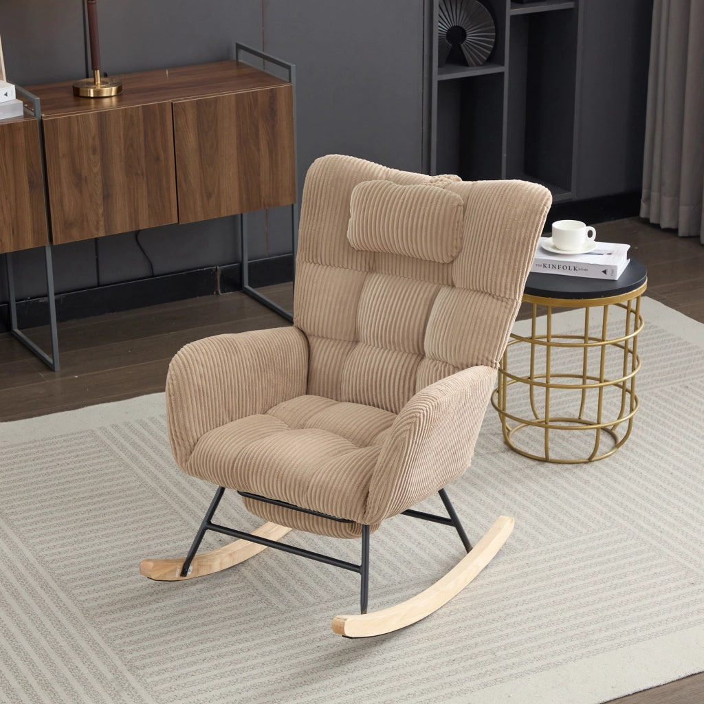 Poltrona a Dondolo in Velluto a Coste Marrone 102x65x92 cm con Poggiagambe e Cuscino Cervicale