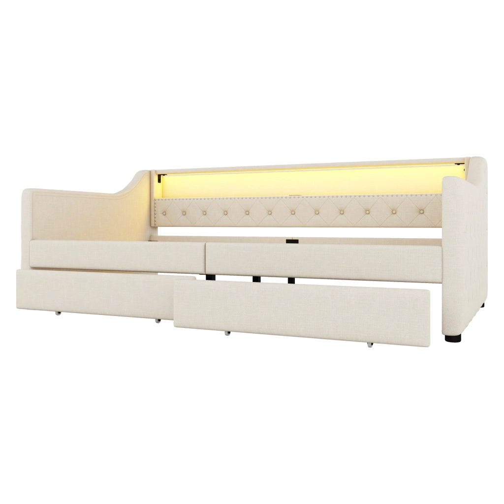 Daybed 90x200; LED telecomando; 2 cassetti per il deposito; porta USB; lino; beige