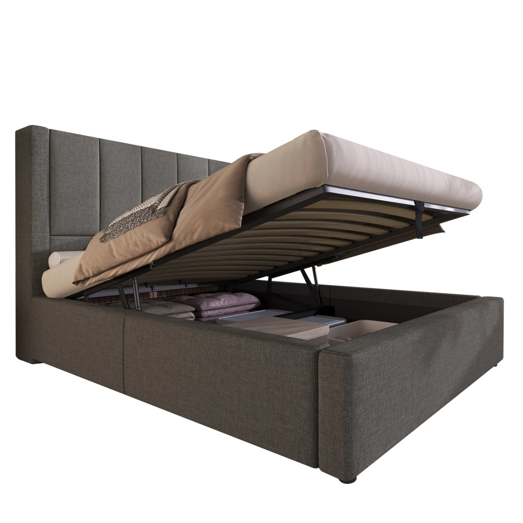 Letto imbottito 90x200 cm con porta bicchiere e stazione di ricarica, contenitore idraulico, con materasso, grigio