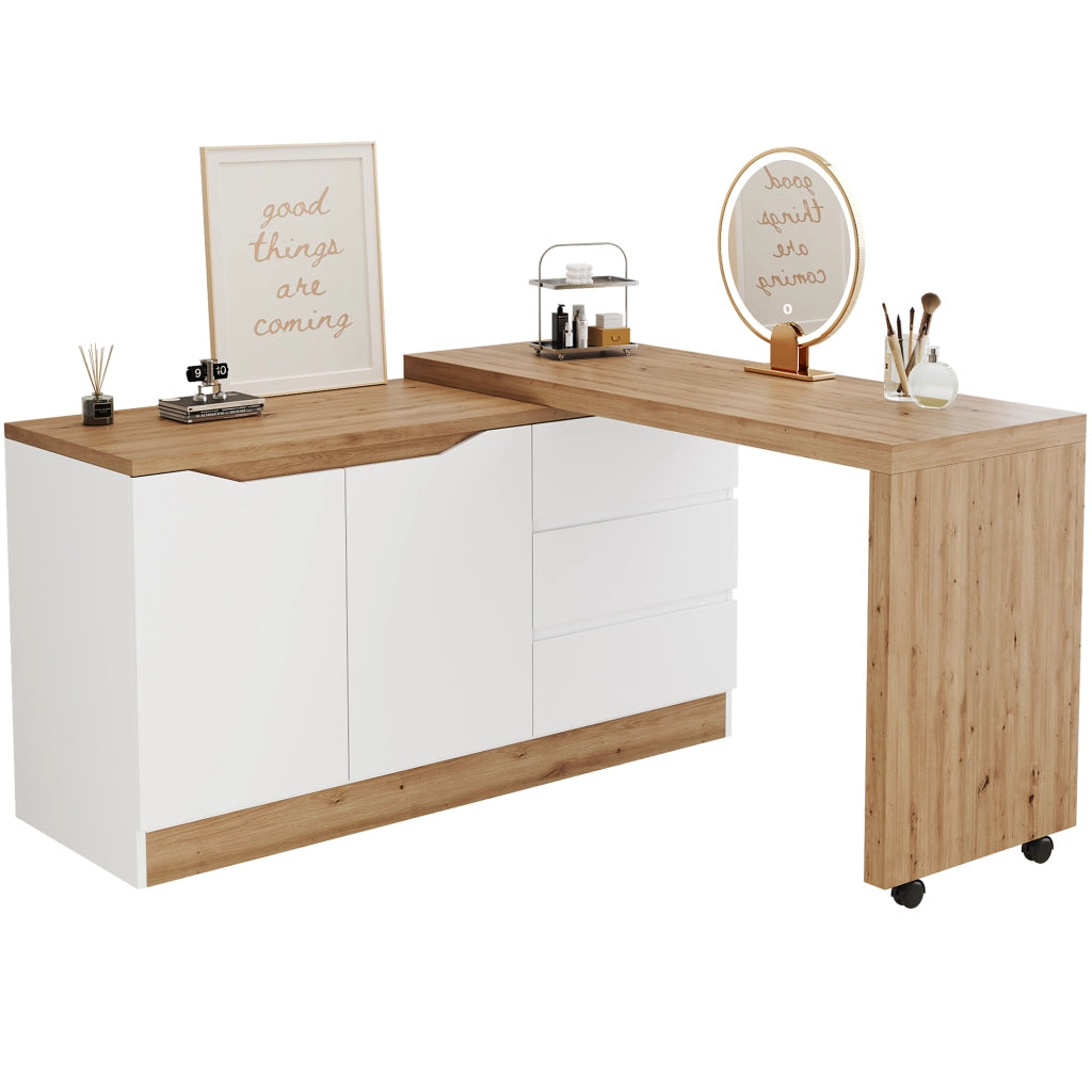Scrivania pieghevole girevole con ruote frenanti, 120x50x78 cm, bianco e rovere, 2 ante e 3 cassetti
