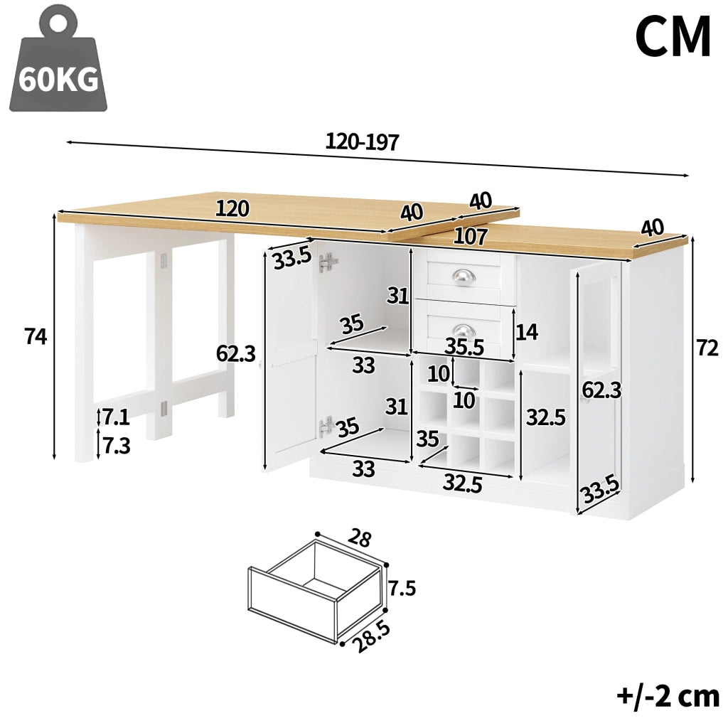 TAVOLO Allungabile 120-197 cm Girevole 360° MDF Bianco con LED e Contenitore