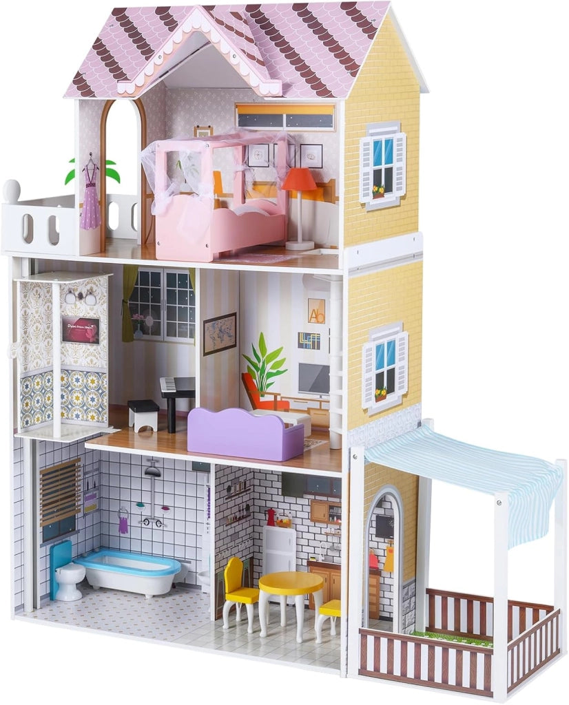 Casa delle Bambole in Legno, Casa Barbie a 3 Piani con Mobili, Ascensore, Balcone, Giardino e 16 Accessori, Fai-da-Te Giocattolo per Bambini 3+ Anni,102 x 34 x 120,5 cm