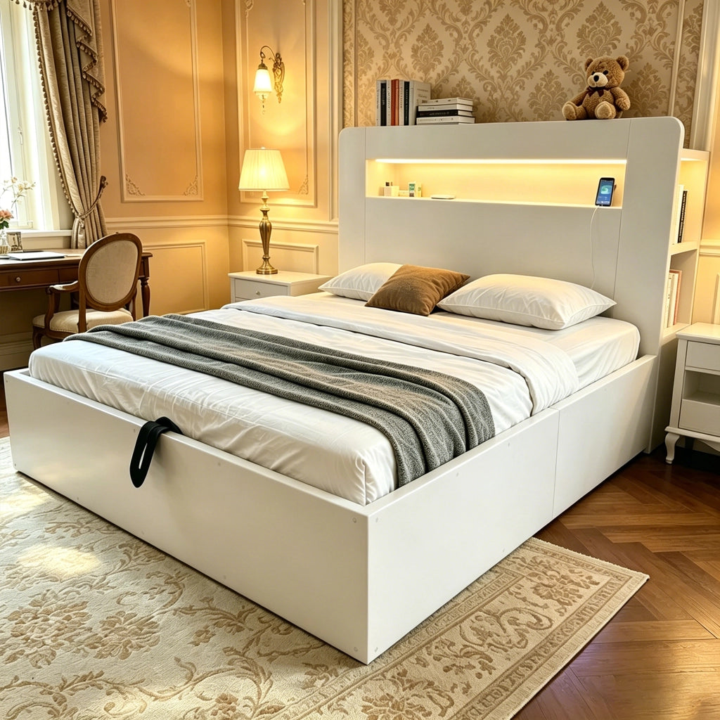 Letto Contenitore 140x200 cm e 180x200 cm con LED; prese e mensole in legno bianco