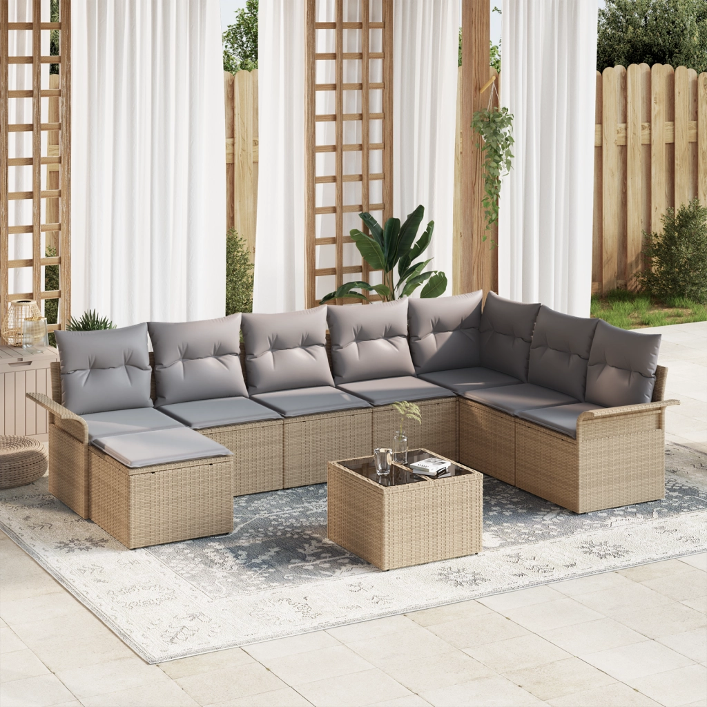 Set Divano da Giardino 9 Pezzi con Cuscini Rattan Polyrattan Nero
