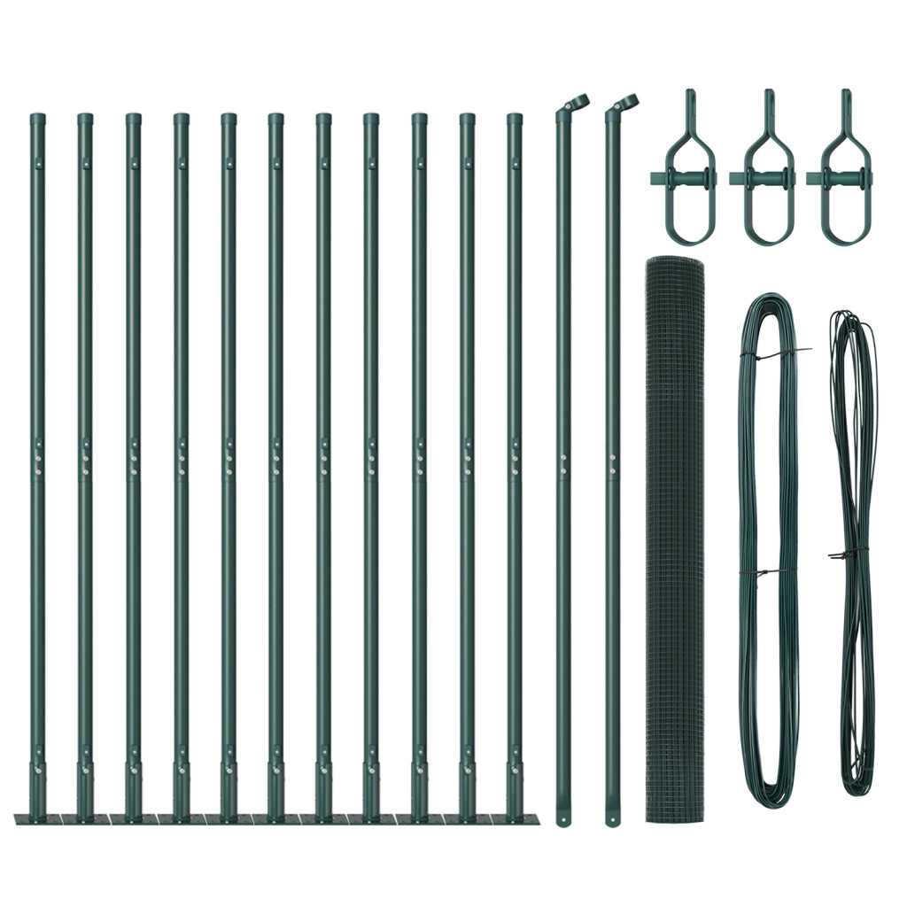 Recinzione in rete saldata con 13 pali flangiati Verde 1.5x25 m Acciaio