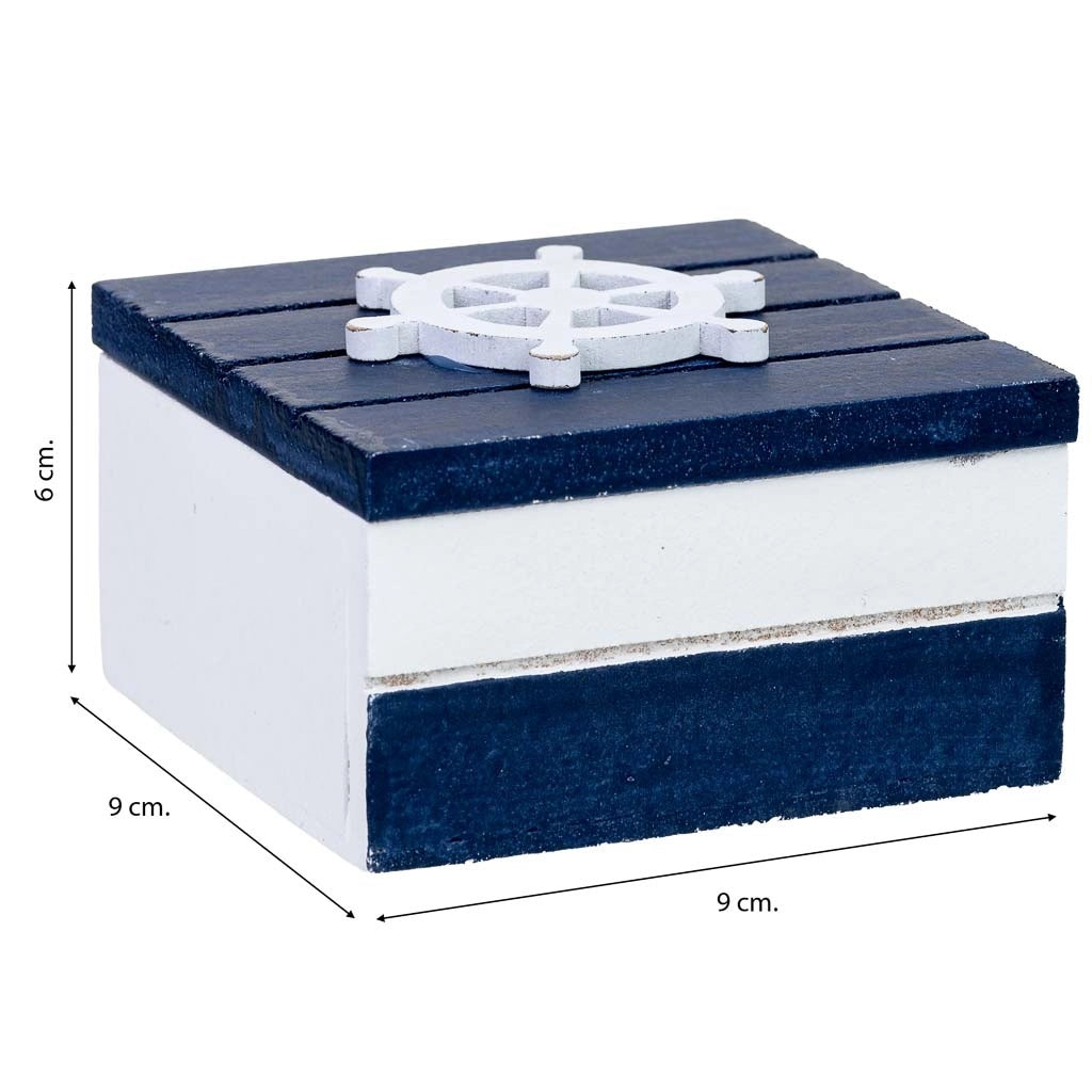 Scatola decorativa in legno con timone blu, 9 x 9 x 6 cm