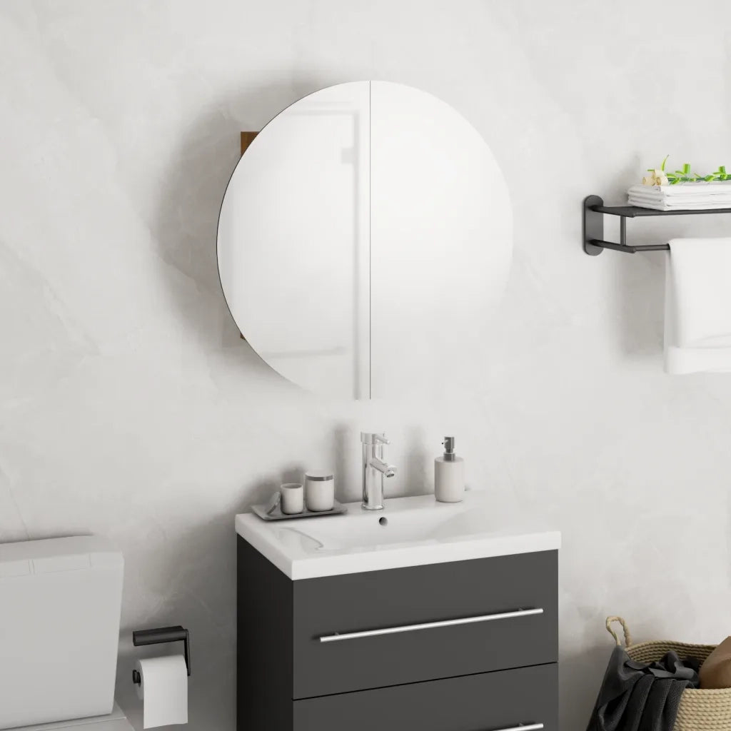 Armadio da Bagno | Mobile da Bagno con Specchio Rotondo e LED Rovere 40x40x17,5cm