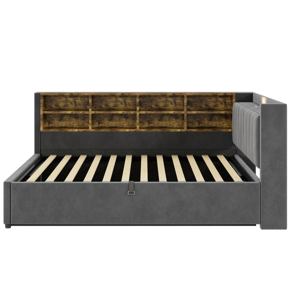 Divano letto imbottito 140x200 cm in velluto grigio con stoccaggio idraulico; USB e Type-C