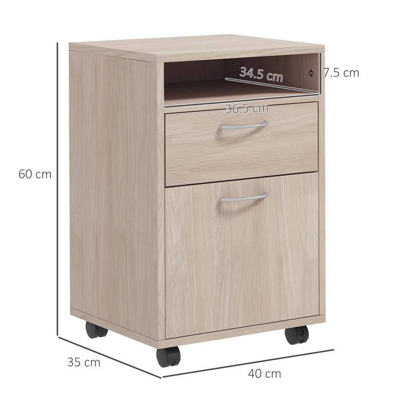 CASSETTIERA DA UFFICIO PORTADOCUMENTI CON RIPIANO APERTO E 2 CASSETTI IN LEGNO E METALLO 40X35X60 CM ROVERE
