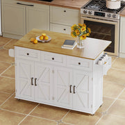 Isola da cucina 140x43(70)x90.5 cm con piano pieghevole; 4 ante e 3 cassetti in MDF bianco e naturale