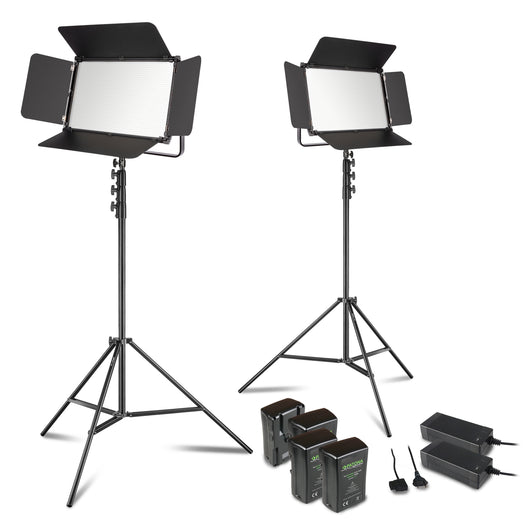 LED Niova 150-F Pro set di luci di superficie incl. 2x luce video, 2x treppiede per lampada, 4x batteria con attacco a V e 2x caricatore, luce di superficie da 150 W con bicolore