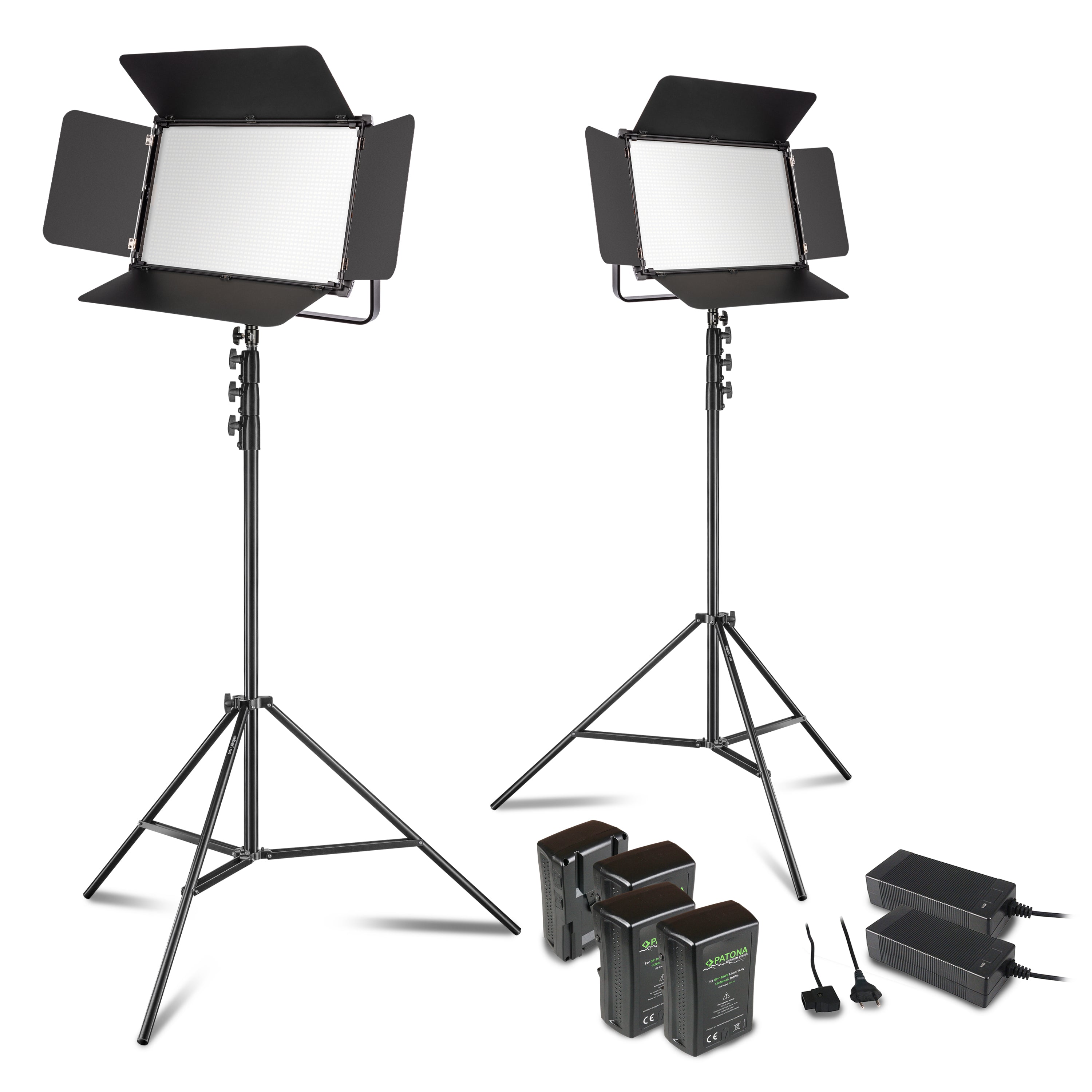 LED Niova 150-F Pro set di luci di superficie incl. 2x luce video, 2x treppiede per lampada, 4x batteria con attacco a V e 2x caricatore, luce di superficie da 150 W con bicolore