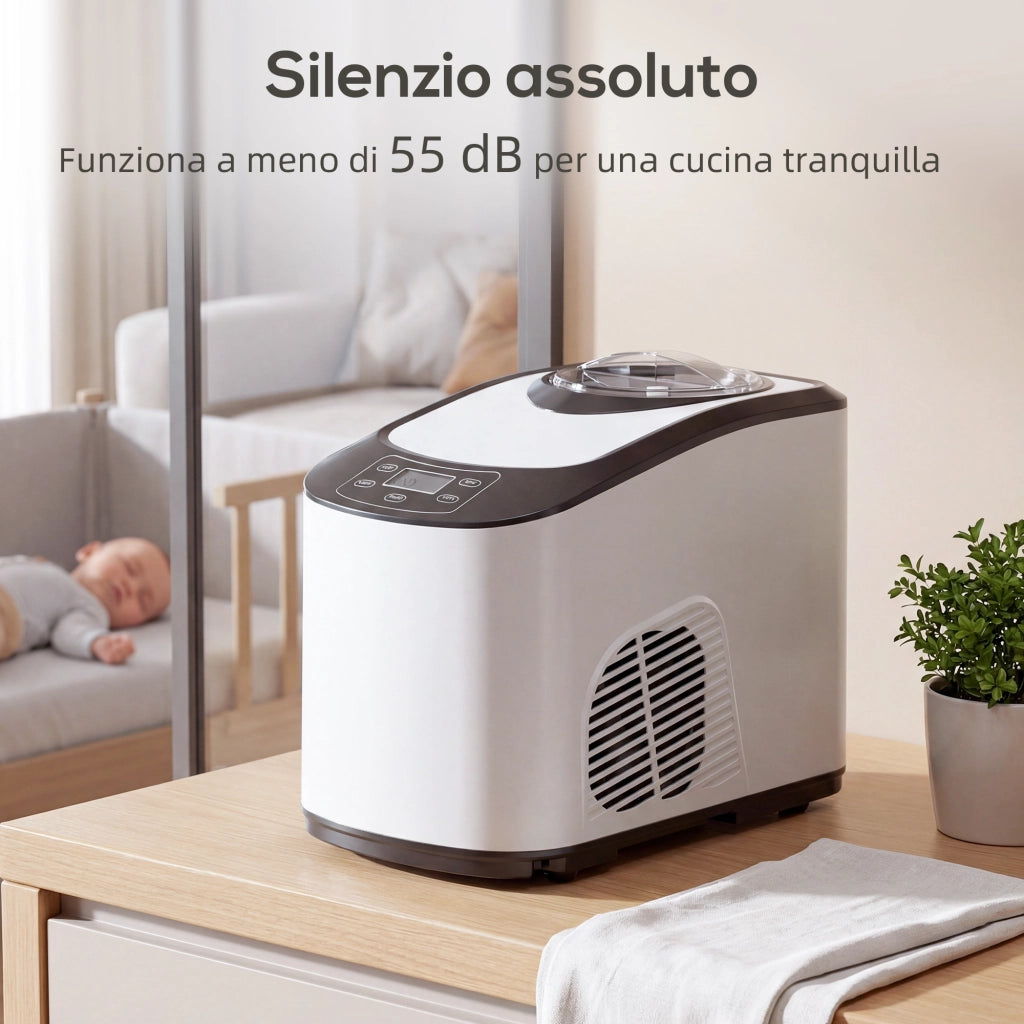 Gelatiera con Compressore Integrato 1,5L Modalità Morbida e Dura Funzione Auto-Mantenimento al Freddo Bianco
