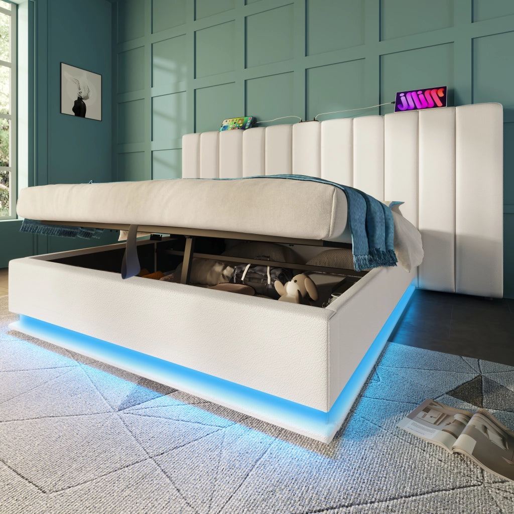 Letti contenitori 160x200 cm con LED e ricarica USB-C; PU bianco (Senza materasso)