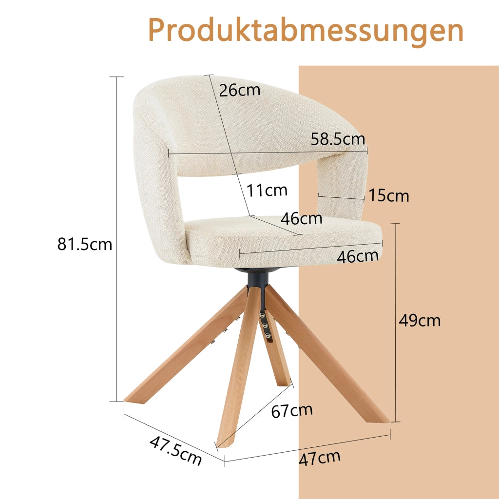 Sedia da Pranzo Set da 2 Girevole con Schienale Ergonomico e Rotazione Silenziosa, in Tessuto e Legno Massello Bianco, Legno