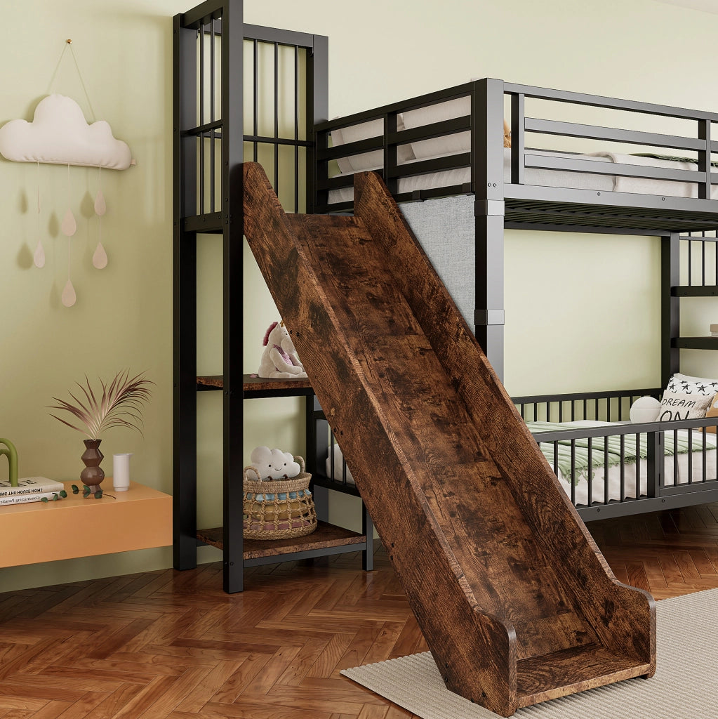 Letto a soppalco per bambini 90x200 cm in metallo; nero; con scivolo; scala contenitore e ripiani
