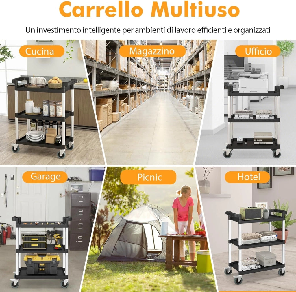 Carrello Portautensili Attrezzi a 3 Livelli, Carrello di Servizio da Officino con Rutoe Bloccabili, Doppie Maniglie e Struttura Robusta in Alluminio, Portata 225kg, per Magazzino e Cucina