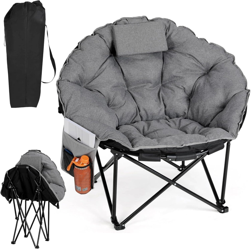 Sedia da campeggio 95 x 83 x 93 cm, sedia pieghevole Moon con seduta imbottita in cotone, poggiatesta, portabicchieri, piedini antiscivolo, borsa portaoggetti e supporto, 150 kg, portatile