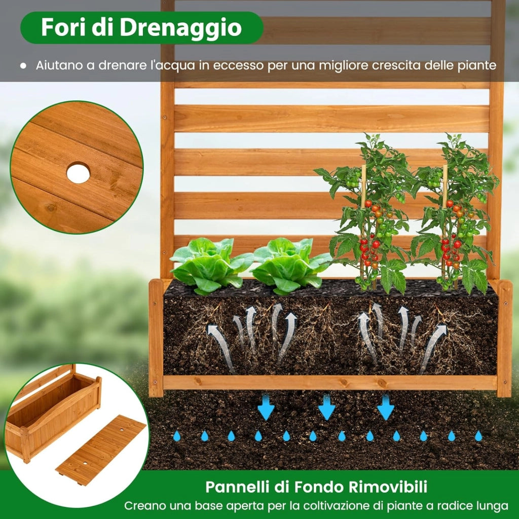 Fioriera Rialzata da Giardino con Traliccio, Letto da Giardino Rialzato in Legno con 2/3 Grigliati per Piante Rampicanti, Fori di Drenaggio e Base Rimovibile (3 Pannelli)