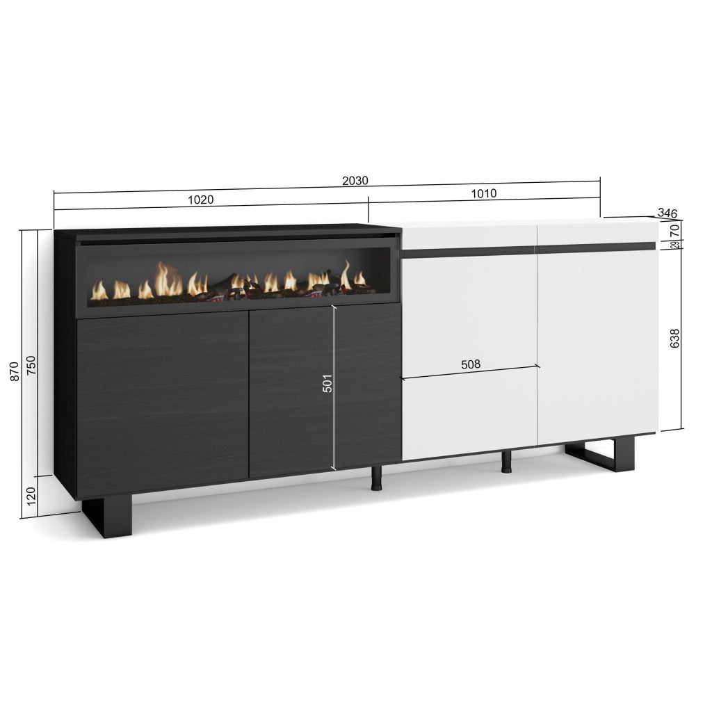 Credenza, Mobile, 200x35x87cm, 4 Porte, Camino elettrico, Design industriale, Bianco e nero RF2394