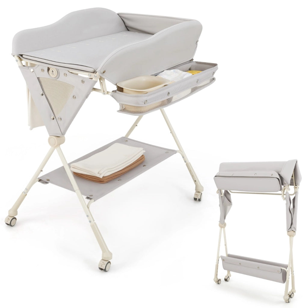 Fasciatoio per bambini con 3 altezze regolabili e 4 ruote bloccabili, Fasciatoio pieghevole con bacino Grigio-Fasciatoi