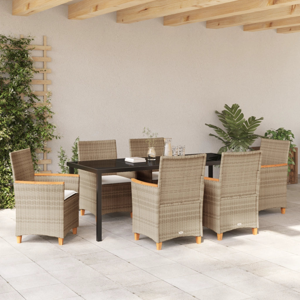 Set da Pranzo da Giardino da 7 Pezzi con Cuscini Beige in Rattan Poly