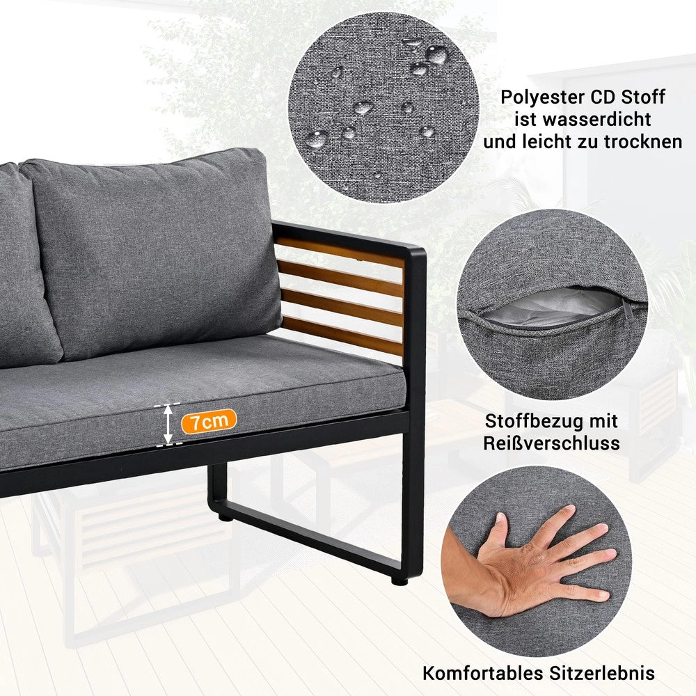 Set da Giardino 8 Pezzi con Divano, Sedie e Tavolo ¨C Xylo ¨C Grigio, Braccioli in Legno, Telaio in Metallo