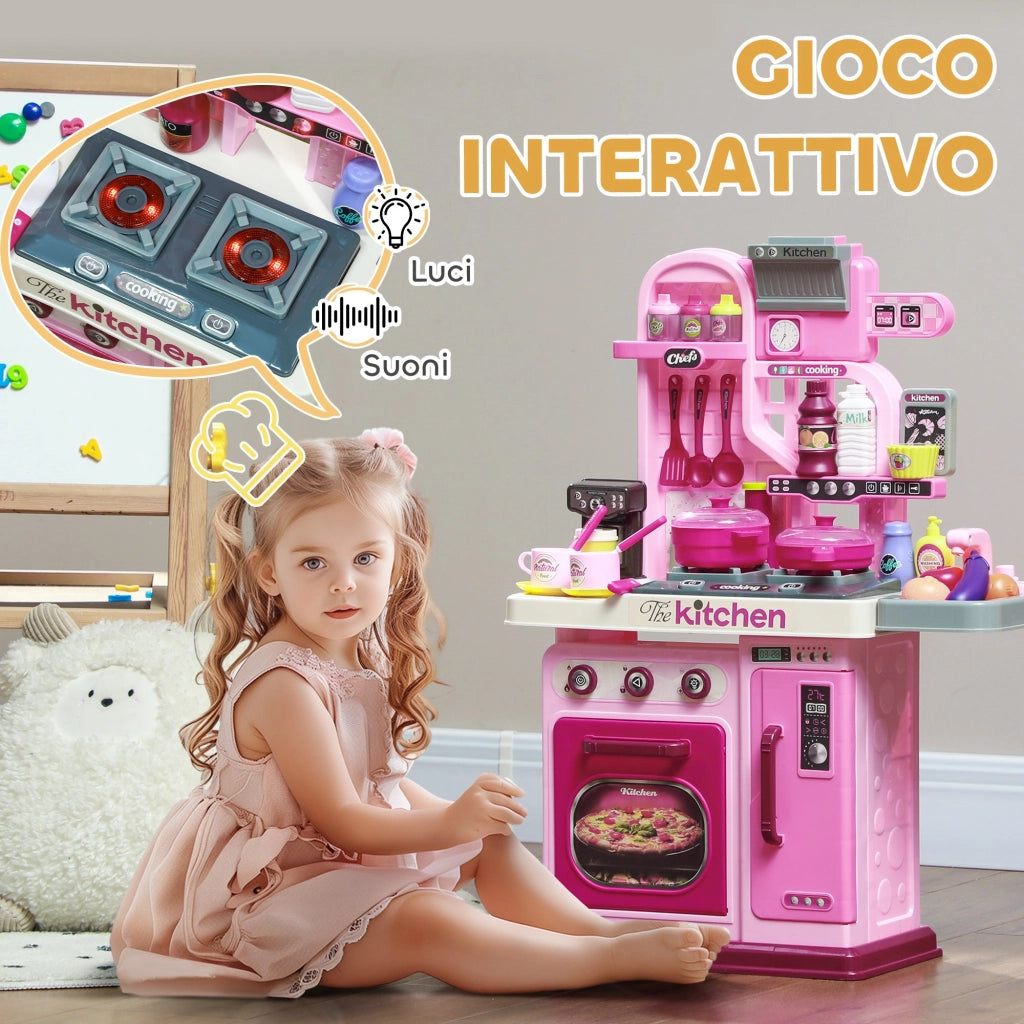 Cucina Giocattolo per Bambini 53x22x69 cm 33 Pezzi con Luci Suoni e Rubinetto Rosa