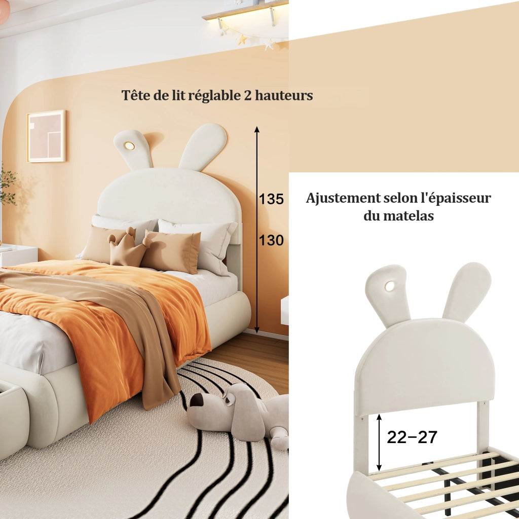 OKWISH Letto Bambino 90×200 cm, Letto Singolo con LED Regolabile, 2 Pouf Contenitore e Testiera Regolabile, senza Materasso, Velluto, Beige