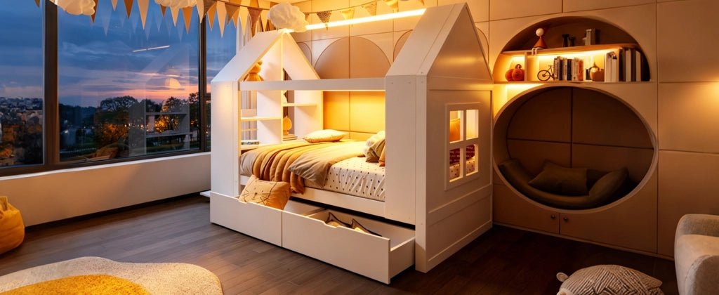 Letto per bambini 90 × 200 cm a casetta con 2 cassetti, LED, ripiani, senza materasso, in legno, bianco