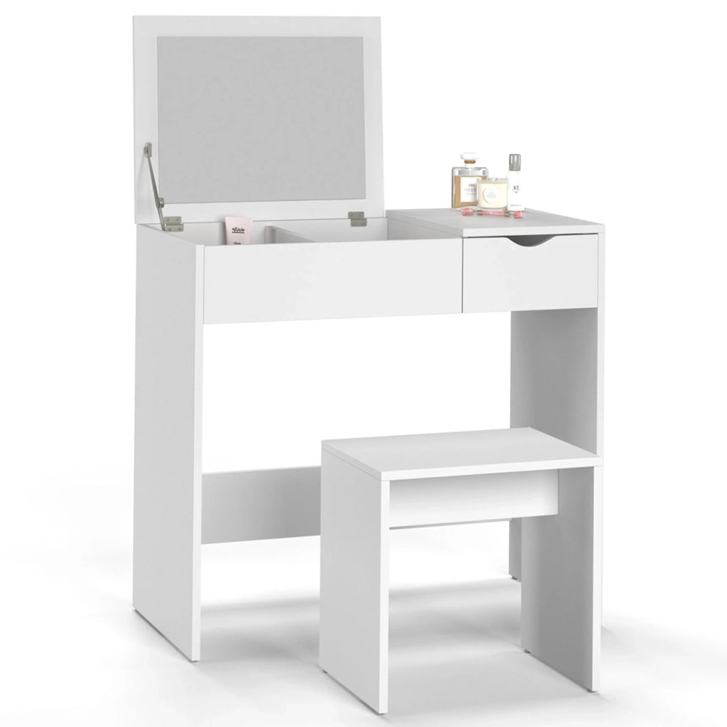 IDMarket - Mobiletto ZELIA con specchio pieghevole, 1 cassetti e 1 sgabello