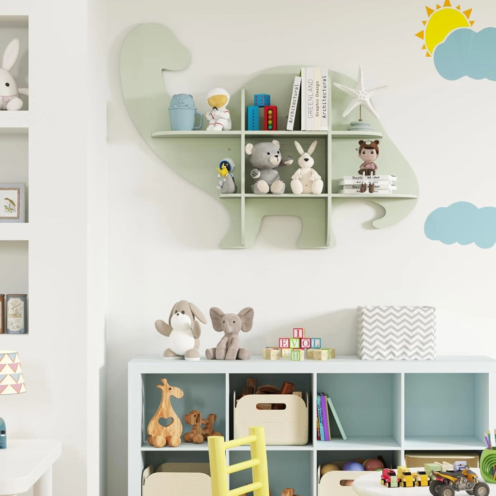 Libreria da Parete per Bambini a Forma di Dinosauro, Mensola a 2 Ripiani in Legno da Appendere, Scaffale da Parete per Camera dei Bambini Camera da Gioco Asilo, 105,5x16x78,5 cm