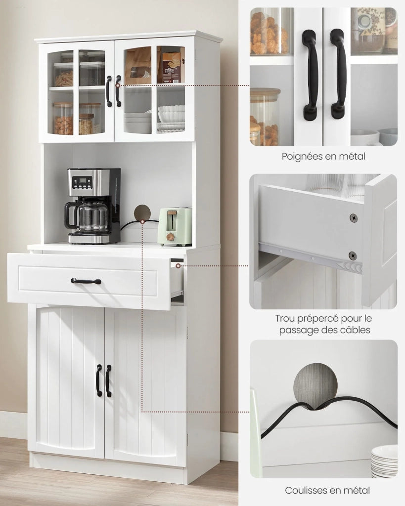 Credenza alta da cucina 41,5 x 73 x 179,8 cm mobiletto dispensa con ante in vetro e ripiani regolabili foro per cavo microonde stile moderno bianco 12_0004537