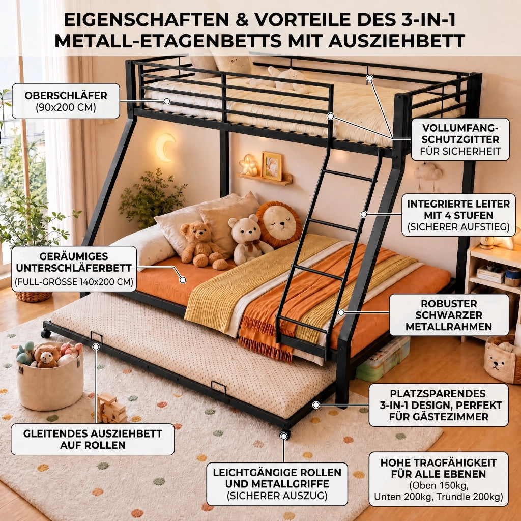 Letto a castello 90 × 200 cm e 140 × 200 cm con letto estraibile 90 × 190 cm, senza materasso, nero
