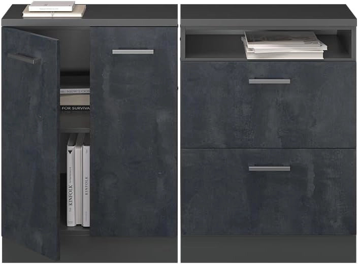 Set di mobili sottotetto Rion, Calcestruzzo nero, 120 cm Set di 2 carcasse armadio profondità 60 cm, adatto per il salvaspazio sotto tetti spioventi