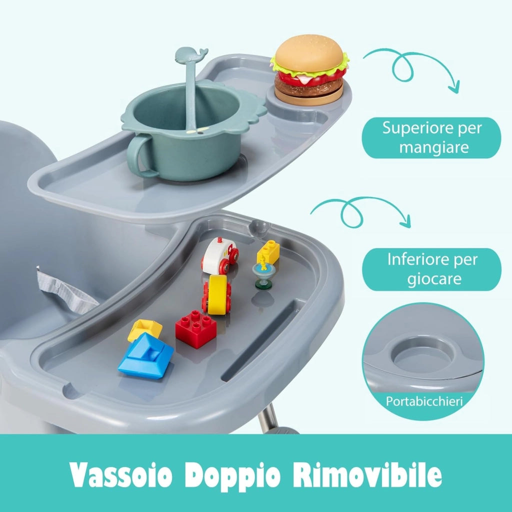 4 in 1 Seggiolone Papa per Bambini, Seggiolone per Neonati con Doppio Vassoio Rimovibile a 2 Posizioni, Cintura di Sicurezza e Poggiapiedi, per Bambini 6-36 Mesi (Grigio)