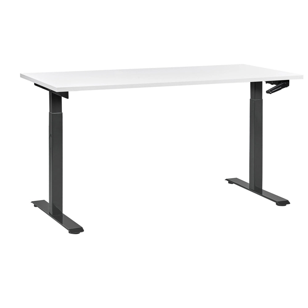 Scrivania regolabile manualmente in altezza Piano del tavolo legno nero Telaio in acciaio bianco 160 x 72 cm Piedi quadrati Design moderno Ufficio